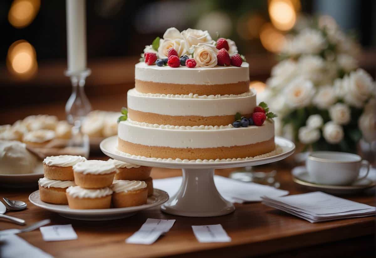 A wedding cake displayed on a table with price tags and a list of additional expenses written on a notepad