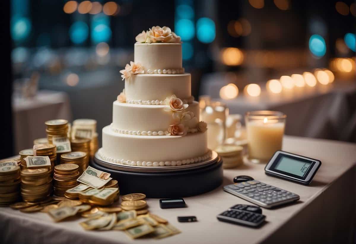 A tiered wedding cake on a decorated table with price tags and a calculator, surrounded by money-saving tips and options