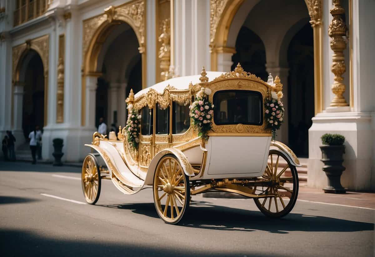 A grand palace adorned with lavish decorations and opulent floral arrangements, with a regal carriage arriving at the entrance, symbolizing the extravagant wedding of a royal couple
