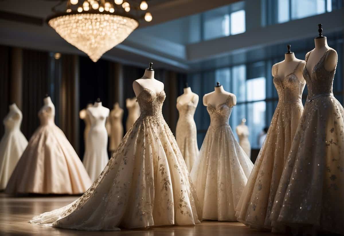 A grand ballroom filled with exquisite wedding gowns displayed on mannequins, each adorned with intricate details and luxurious fabrics. A spotlight shines on a regal gown rumored to be the most expensive ever worn by a royal bride
