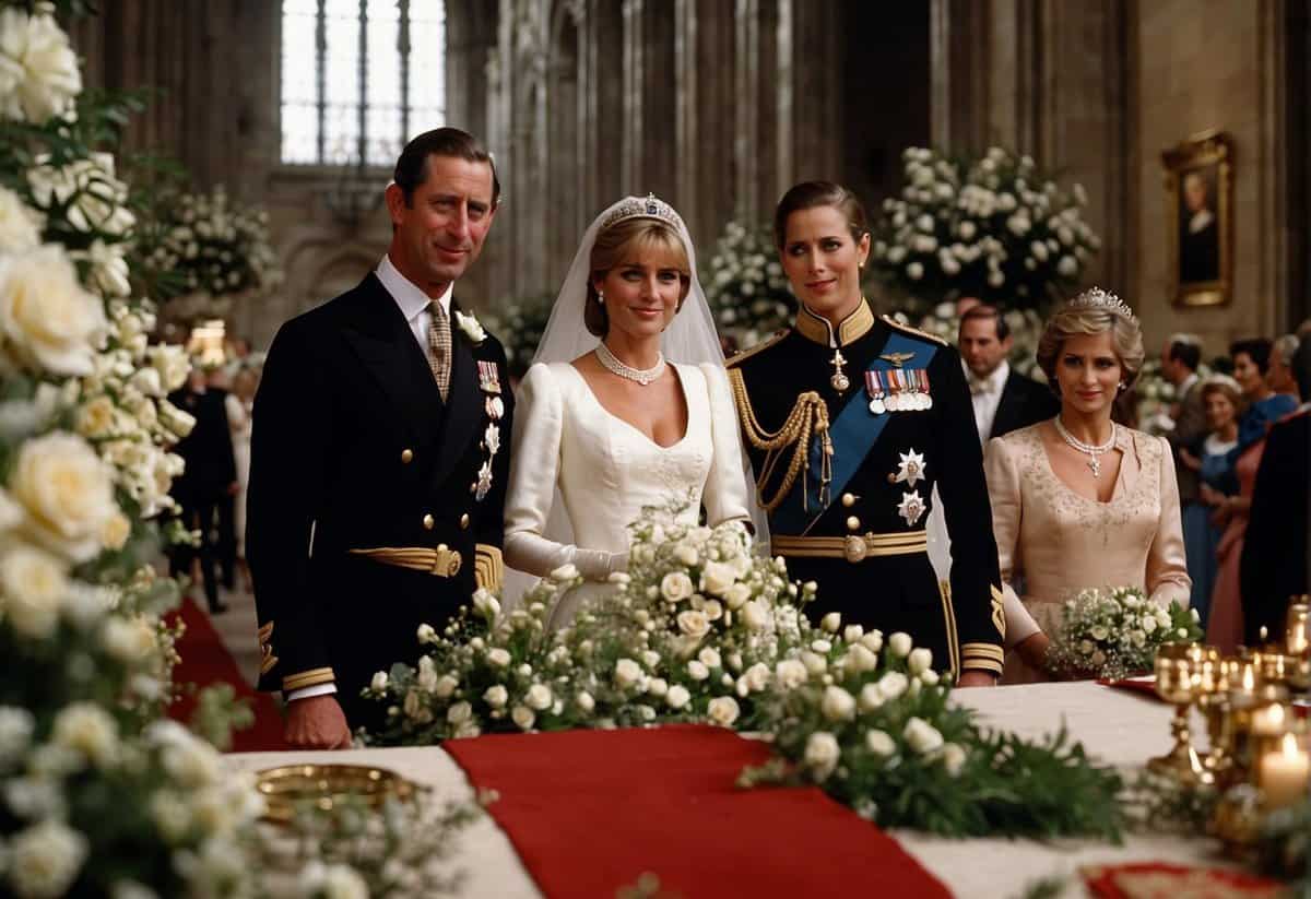 Royal wedding planning: opulent decorations, lavish banquet tables, bustling event staff, and ornate invitations. The most expensive wedding belonged to Prince Charles and Lady Diana