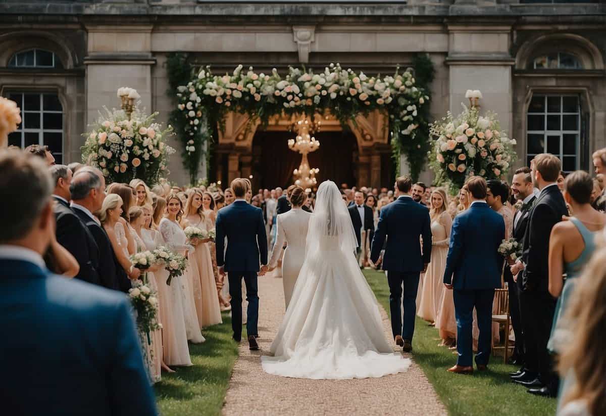A grand royal wedding with opulent decorations and lavish attire, surrounded by curious onlookers and a bustling atmosphere