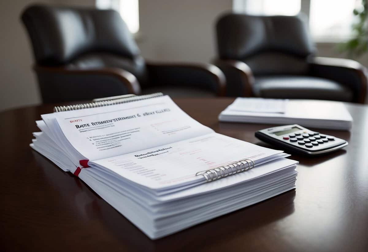 A table with financial documents, retirement brochures, and a calculator. Two chairs facing each other, with a notebook and pen on one seat. A calendar with the word "Retirement" circled in red
