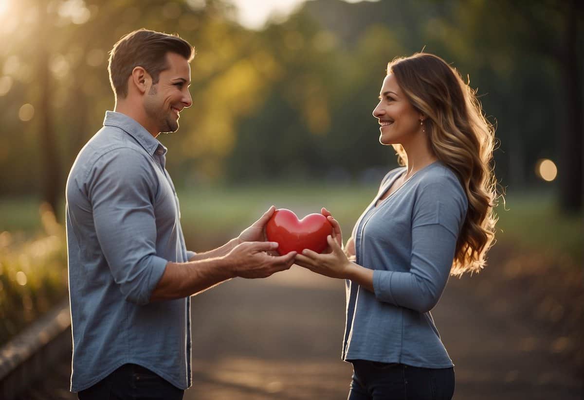 A husband and wife stand side by side, each holding up half of a heart. They work together to build a strong foundation, symbolizing their shared responsibilities and partnership