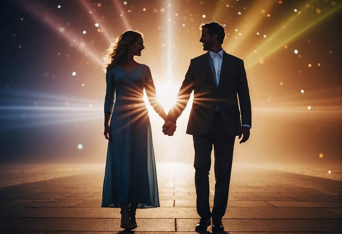 A woman stands beside a man, both holding hands. A glowing aura surrounds them, symbolizing the benefits of marriage for her physical health and longevity