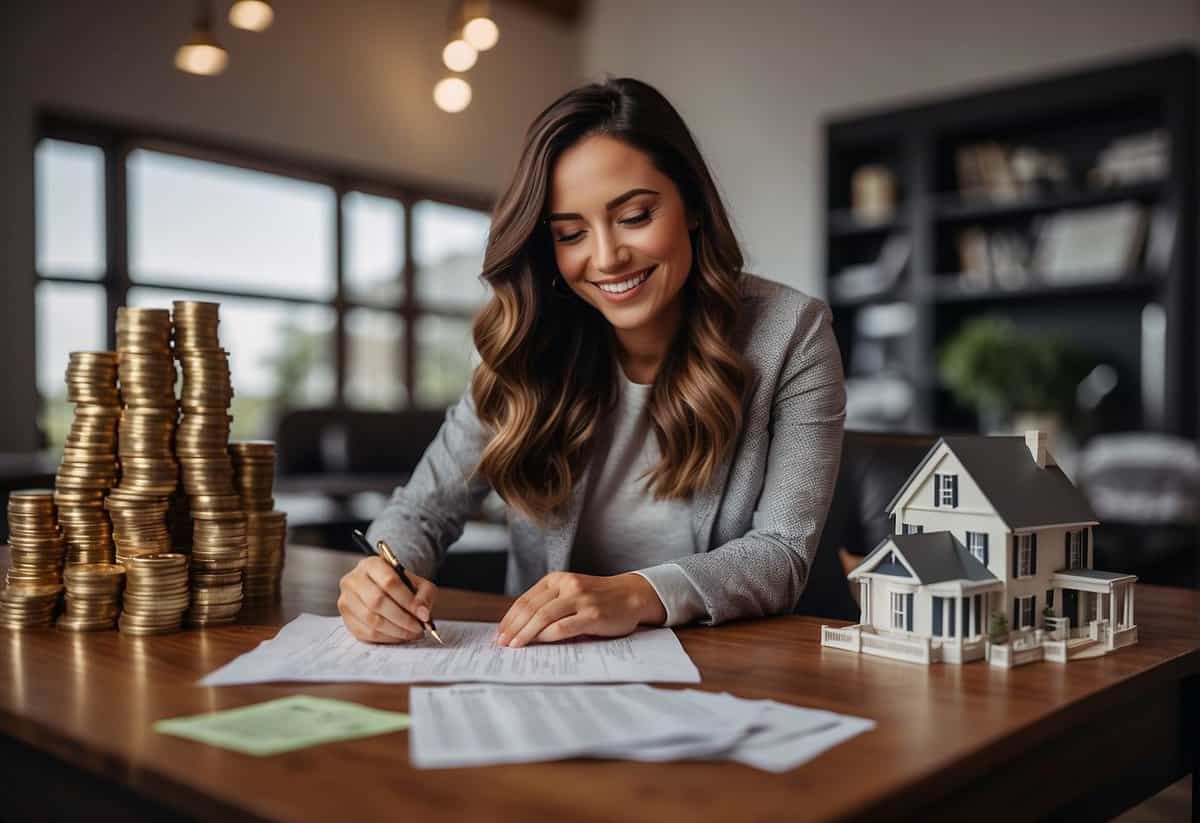 A woman signing legal documents with a smile, surrounded by financial benefits like a house, car, and money symbols
