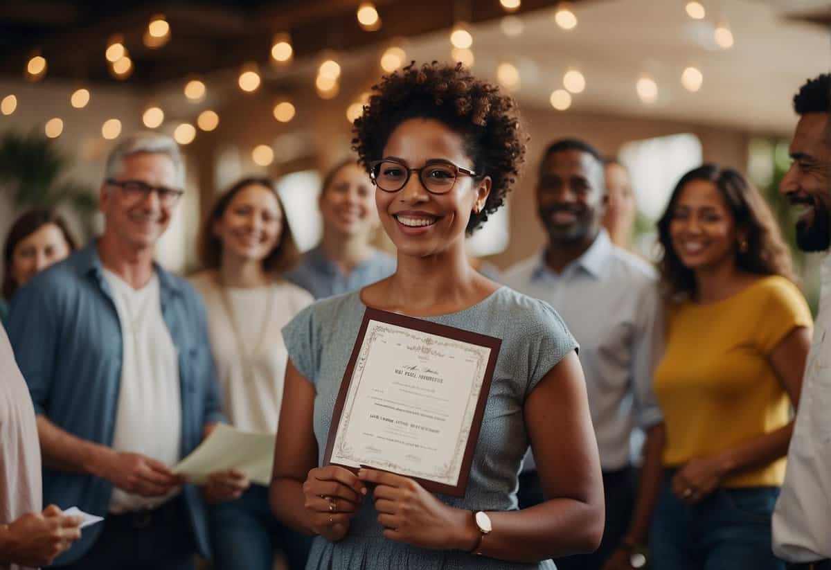 A woman stands surrounded by friends and family, all smiling and supportive. She holds a marriage certificate, symbolizing the benefits of love, companionship, and social connection