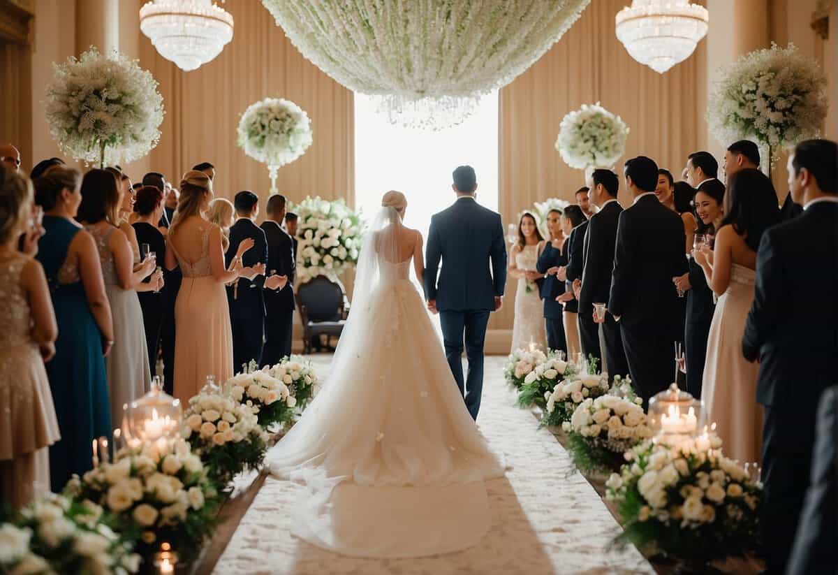 A lavish wedding ceremony with opulent decorations and a grand reception filled with wealthy guests celebrating the union of two people