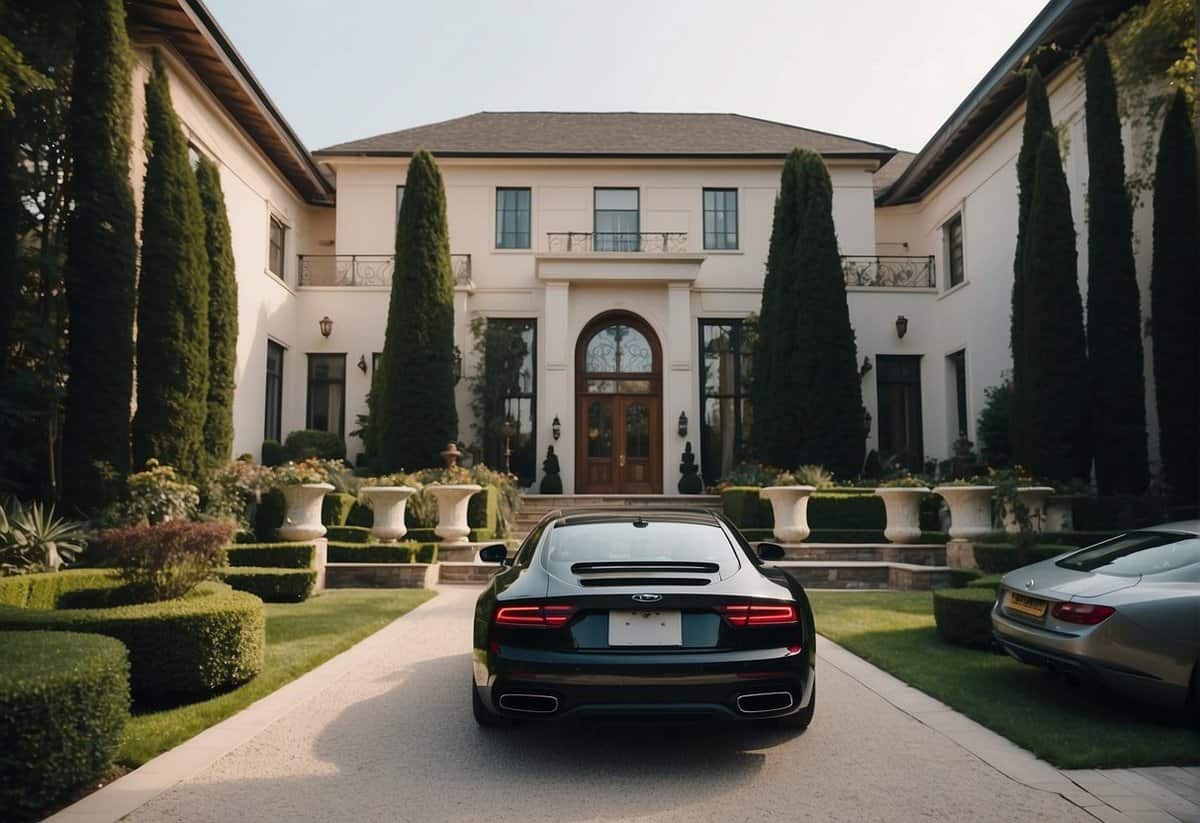 A luxurious mansion with a grand entrance, expensive cars in the driveway, and a lavish wedding ceremony in progress
