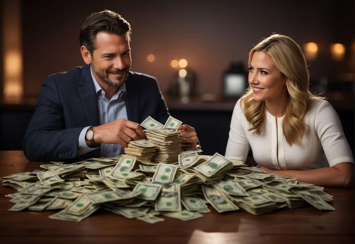 A couple sits at a table, one with a pile of money and the other with a stack of bills. A scale sits between them, symbolizing the financial considerations in marriage
