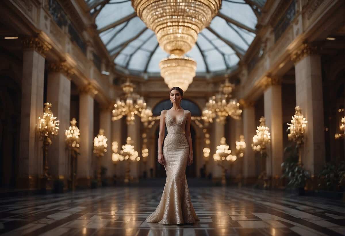 A woman stands in a lavish setting, surrounded by opulence and luxury. She appears contemplative, with a hint of uncertainty in her expression