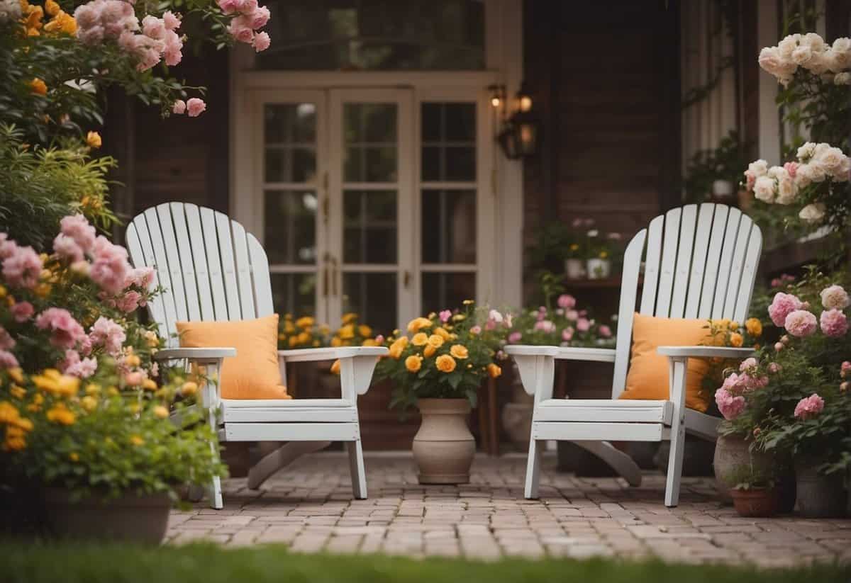 A cozy home with two empty chairs facing each other, surrounded by blooming flowers and a warm, inviting atmosphere