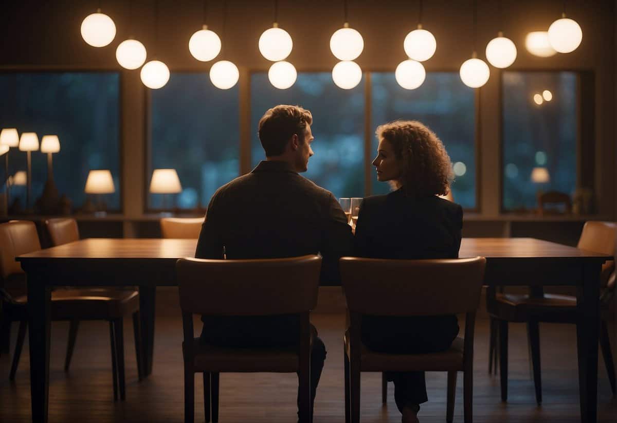 A couple sits at opposite ends of a long dining table, their body language distant. The room is dimly lit, with a sense of emptiness and loneliness
