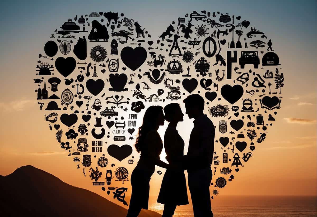 A couple's silhouettes facing each other, surrounded by symbols of trust, communication, and support. A heart-shaped bond connects them, representing love as a crucial component of a healthy marriage