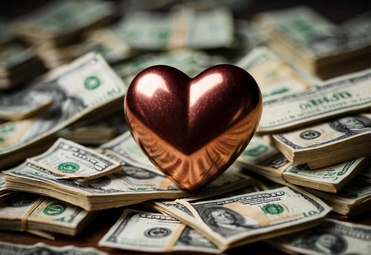 A heart-shaped magnet pulls in a pile of money, but the force of love pushes the money away, symbolizing love's greater power