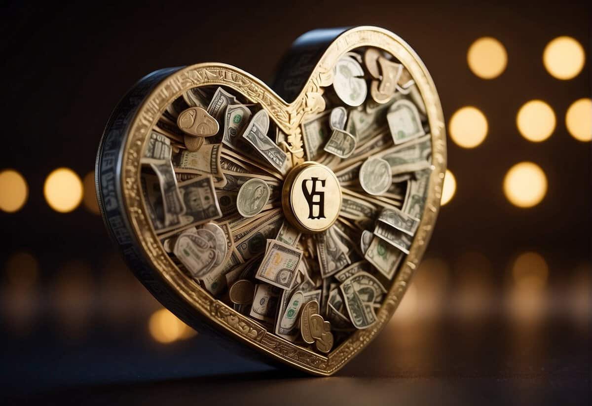 A heart-shaped puzzle with money symbols on one side and love symbols on the other, with the love side completed and glowing, while the money side remains unfinished and dull