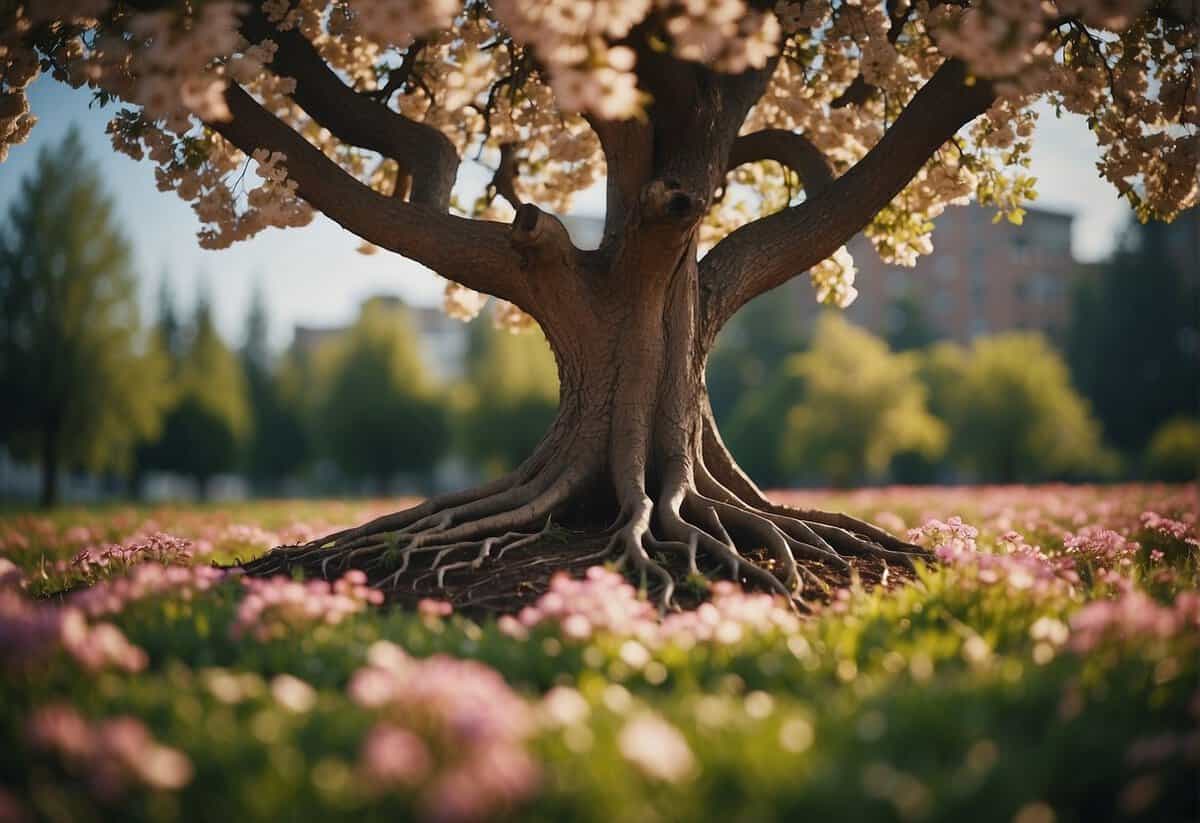 A tree with deep roots, surrounded by blooming flowers and vibrant foliage, symbolizing love as the foundation for growth and well-being