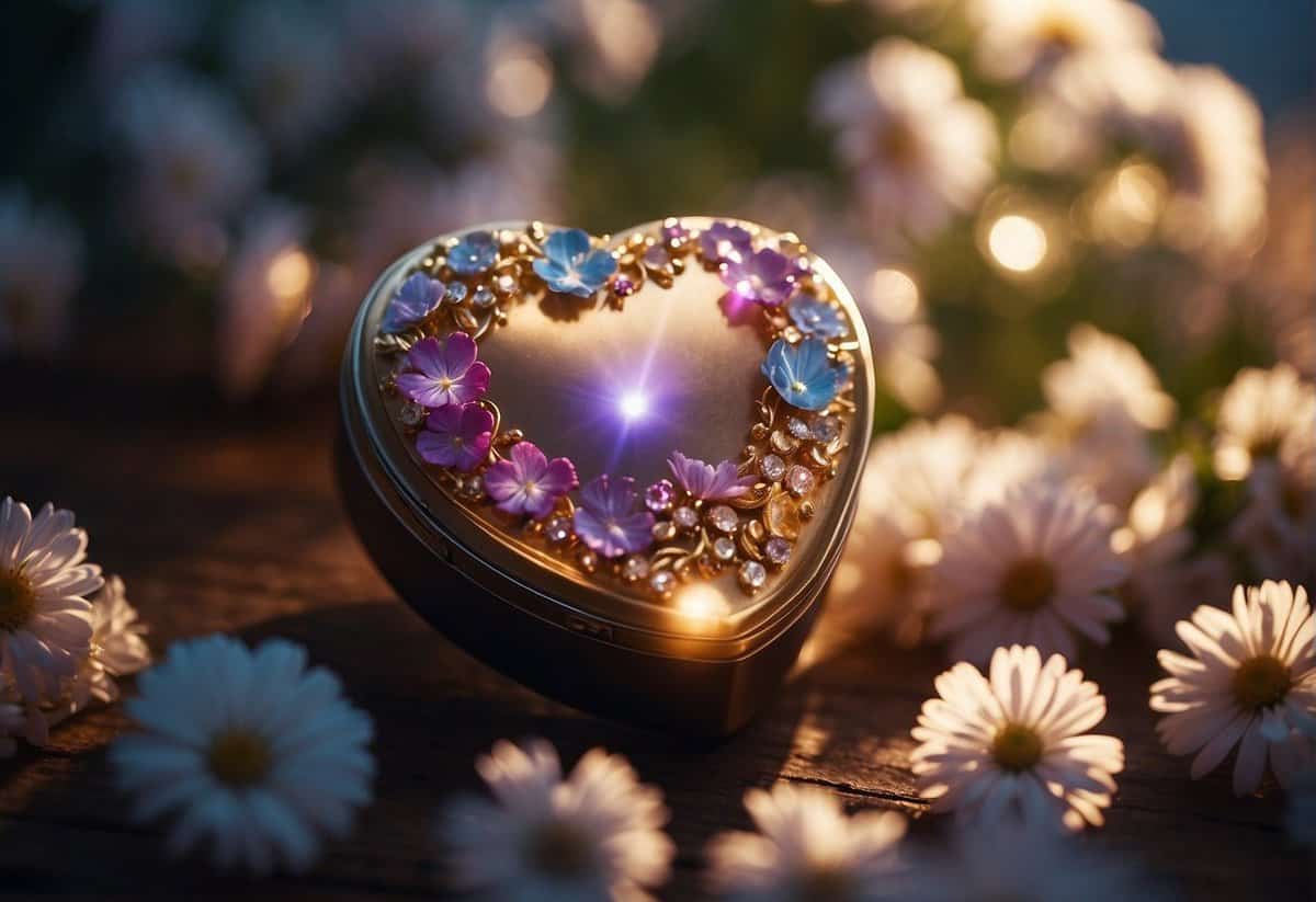 A heart-shaped ring box surrounded by blooming flowers and a glowing aura