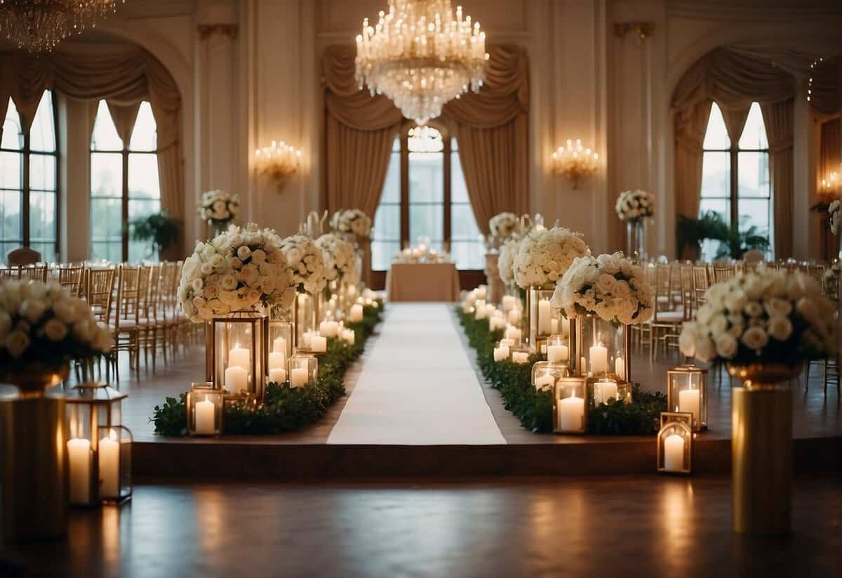 A lavish wedding ceremony with opulent decorations and a grand banquet, symbolizing the union of two wealthy individuals