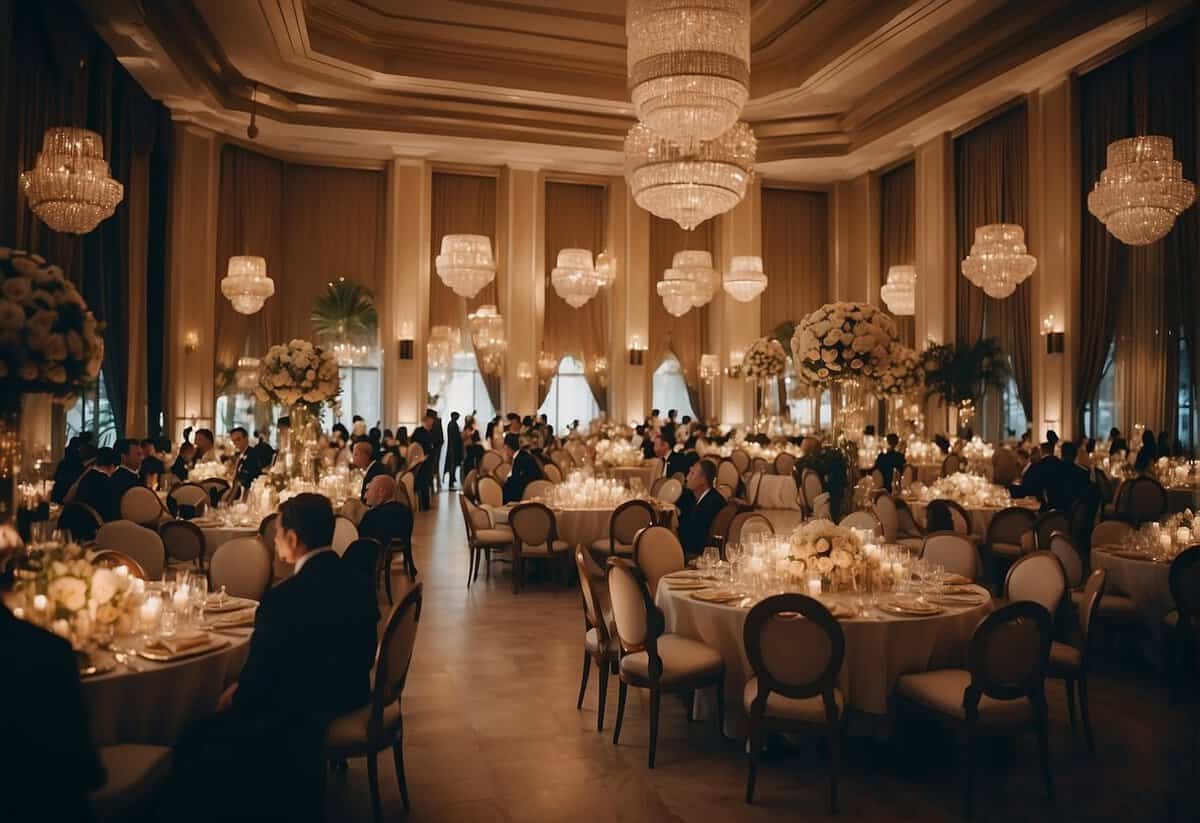 A lavish wedding reception with opulent decor and affluent guests mingling in a luxurious venue, symbolizing the correlation between wealth and marriage trends