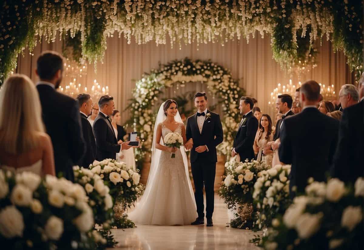 A wealthy couple exchanging wedding vows in a lavish setting, surrounded by opulent decorations and a crowd of well-dressed guests