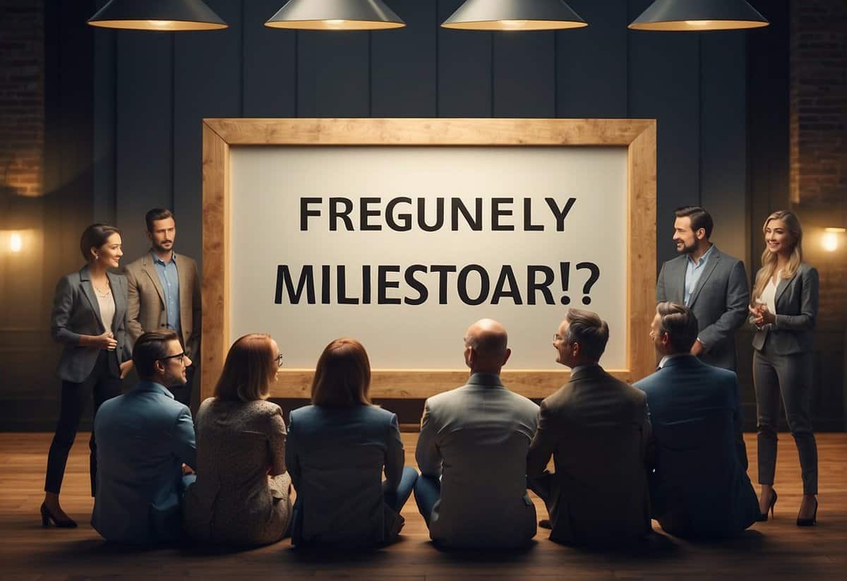 A group of people gathered around a sign that reads "Frequently Asked Questions: How to Meet a Millionaire?" with puzzled expressions on their faces