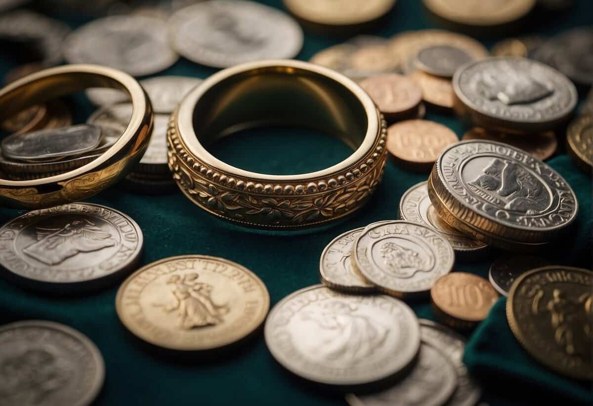 A large, ornate wedding ring rests on a velvet cushion, surrounded by piles of cash and luxurious items