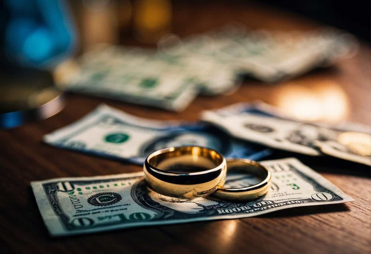 A wedding ring and a stack of money on a table