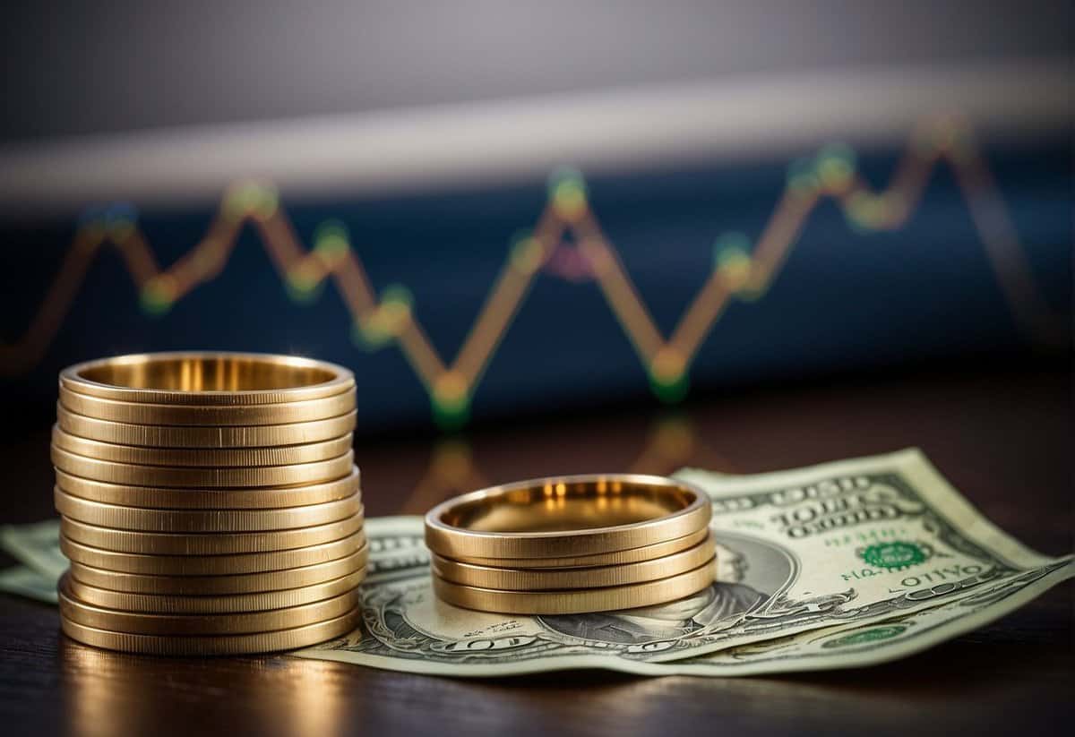 A stack of money grows taller next to a wedding ring on a chart showing upward growth