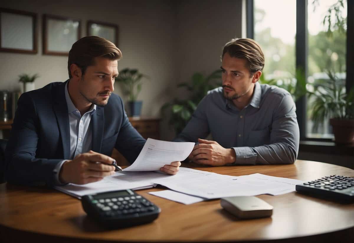 A couple sits at a table, surrounded by paperwork and a calculator. They look concerned as they discuss their financial situation