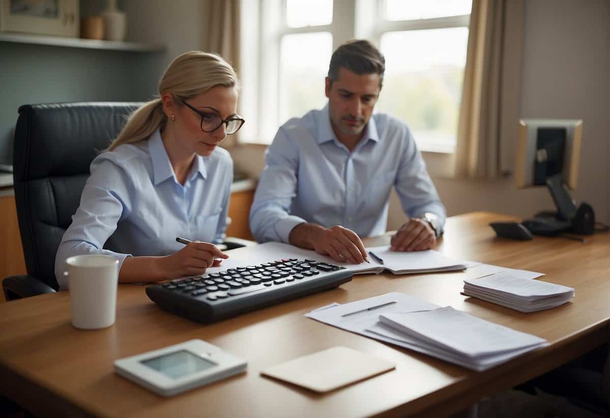 A couple sits at a table, surrounded by paperwork and a computer. A calculator and pen are nearby as they discuss their finances and universal credit