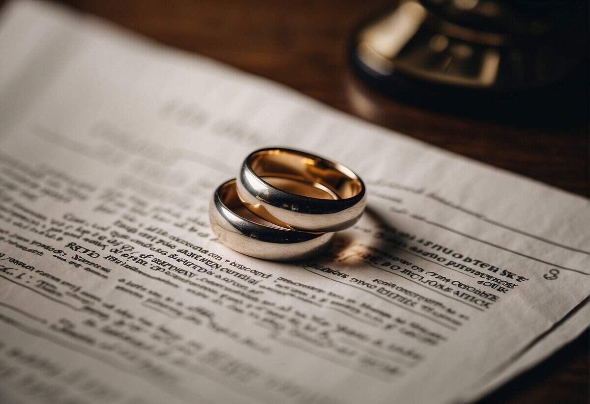 A couple's wedding rings on a table, next to a document titled "State Pension."