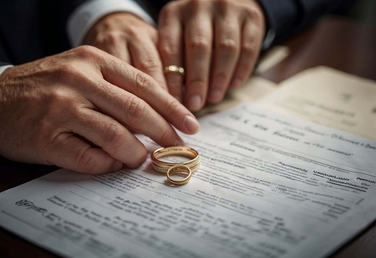 A couple exchanging wedding rings while a document labeled "State Pension" is being updated