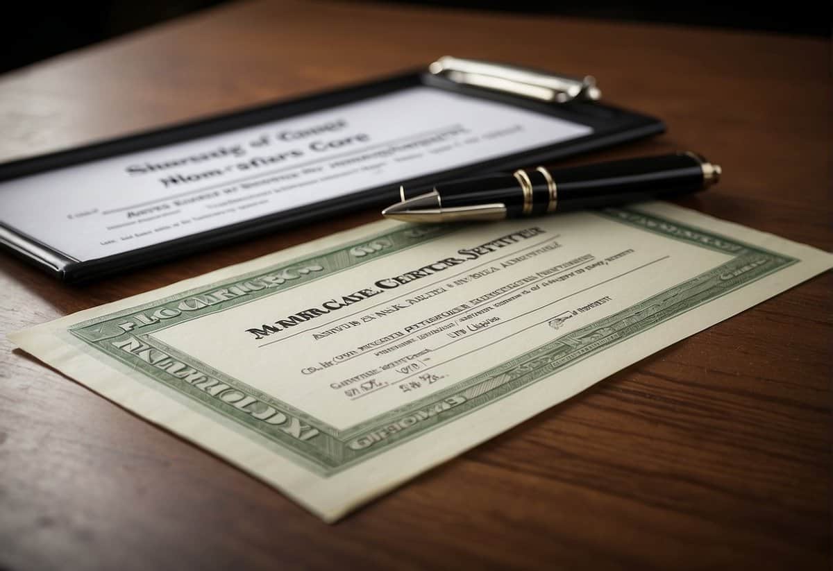 A marriage certificate and pension statement lay side by side on a table, with a question mark hovering above them