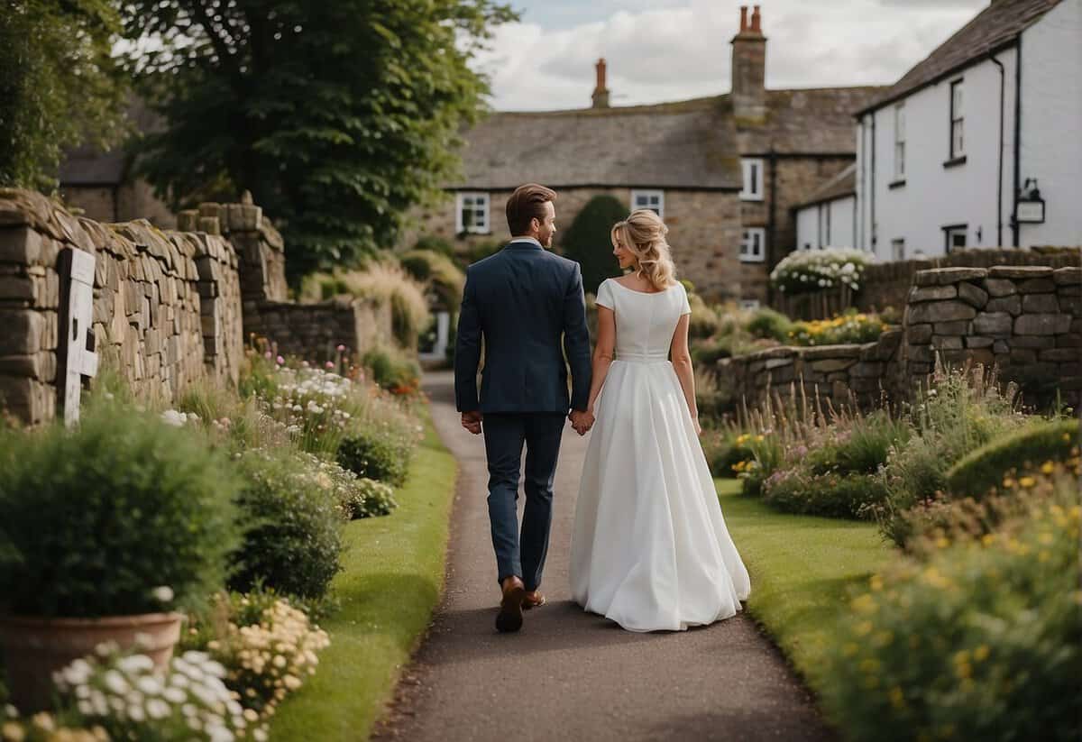 A couple walks hand in hand towards the historic Gretna Green, surrounded by lush greenery and quaint buildings, as they plan their wedding ceremony