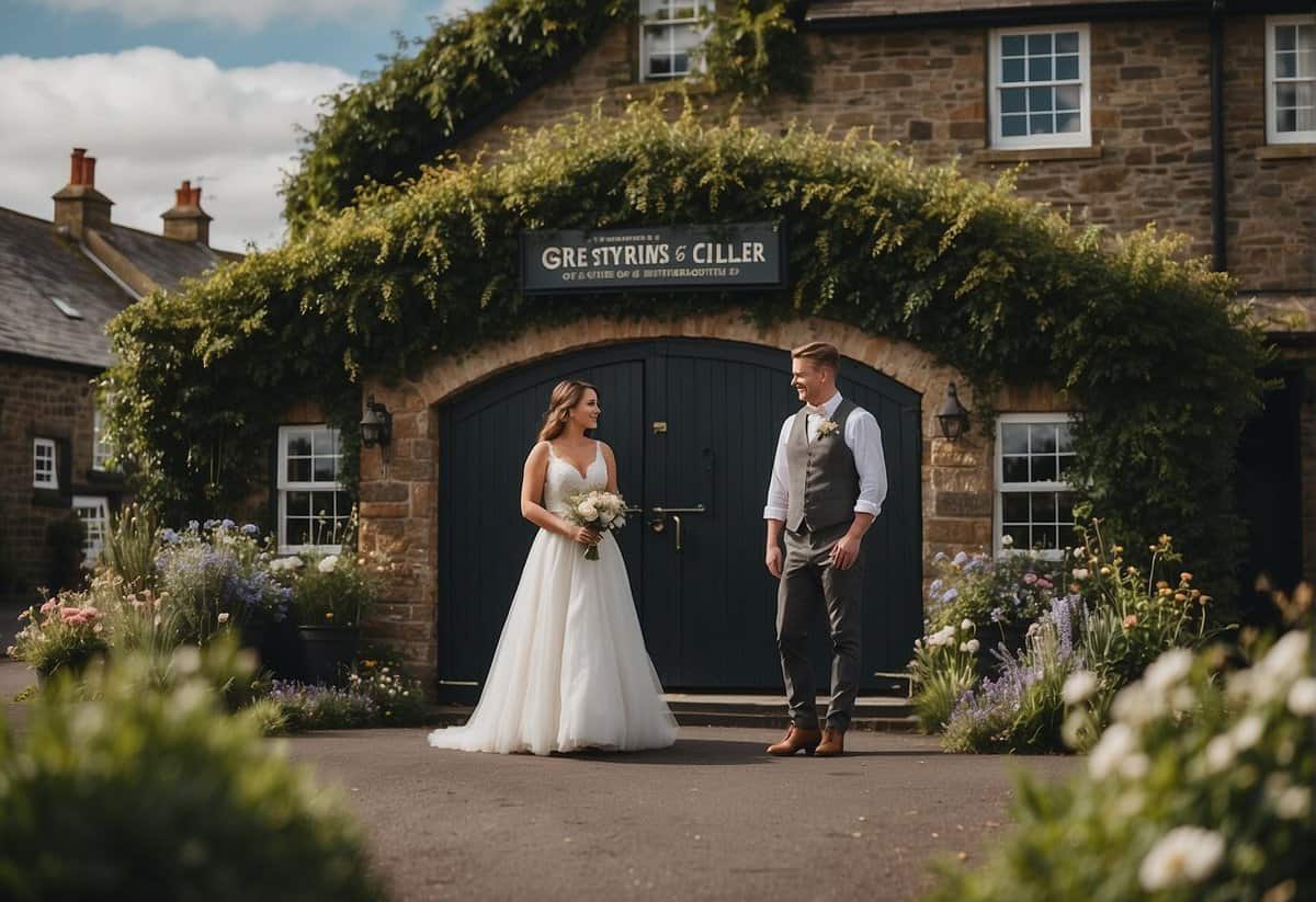 A couple stands at the entrance to Gretna Green, looking at each other with excitement and anticipation. The iconic blacksmith shop and surrounding greenery provide a picturesque backdrop for their impromptu wedding