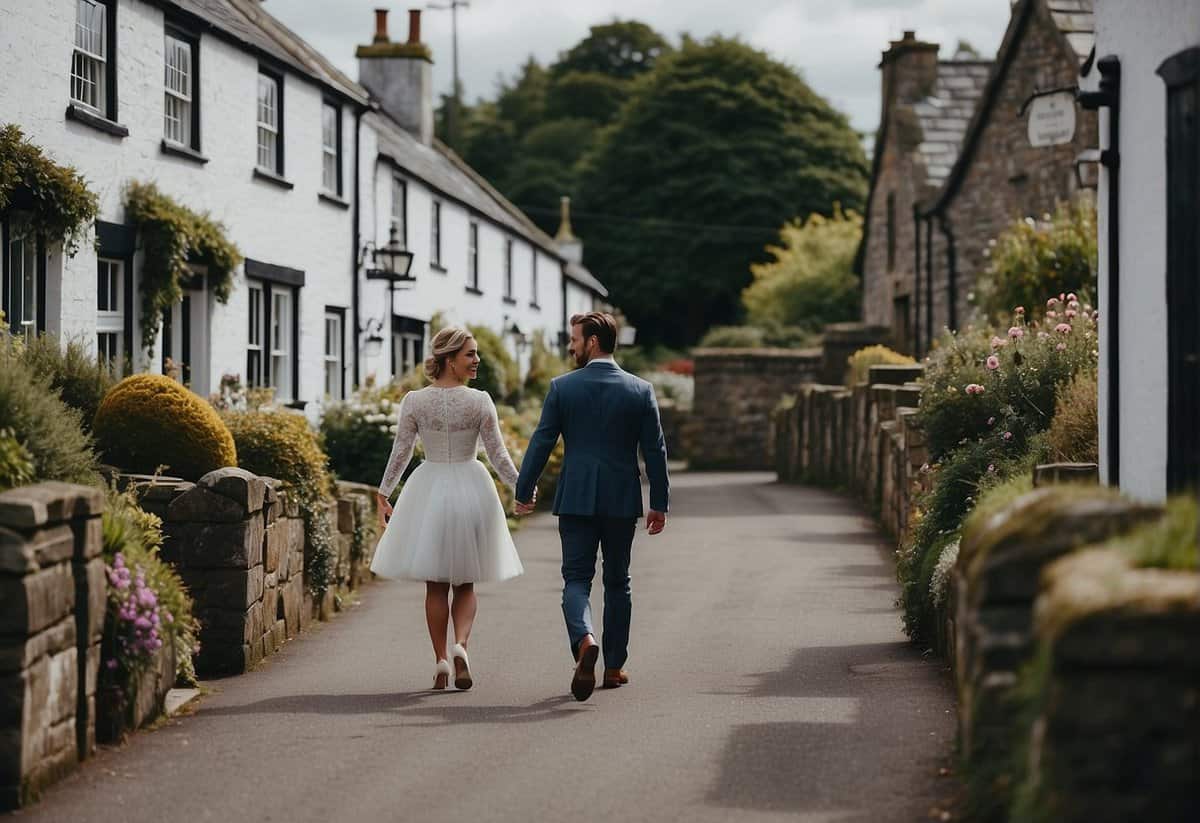A couple walks through the historic streets of Gretna Green, surrounded by charming old buildings and lush greenery, as they prepare for their romantic wedding ceremony