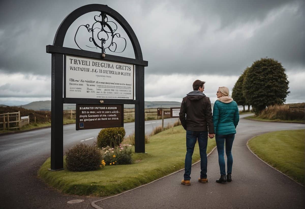 A couple stands at the entrance of Gretna Green, looking at a sign with travel and guest information. They seem unsure if they can just turn up and get married
