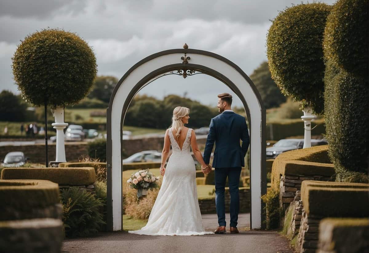 A couple stands at the entrance to Gretna Green, gazing at the historic wedding destination with anticipation