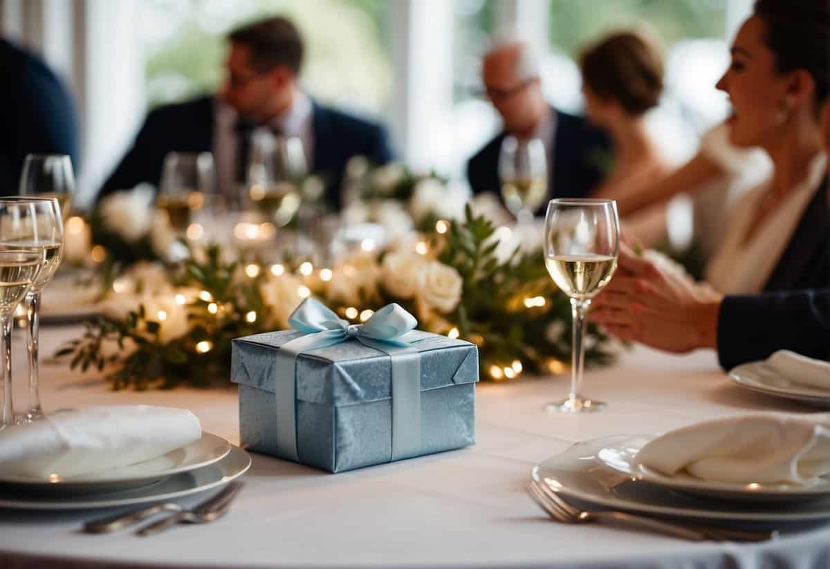 Guests present wrapped gifts at a wedding reception in the UK, placing them on a designated table for the newlyweds to open later