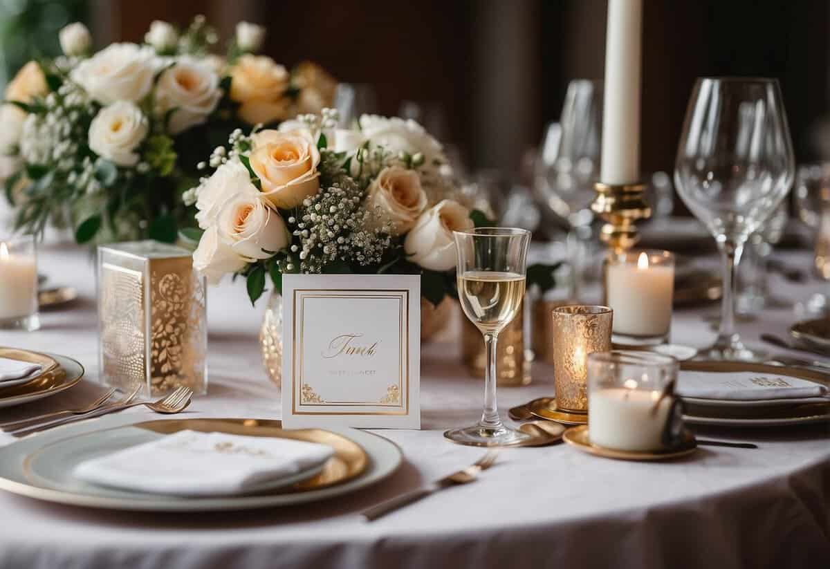 A table set with wedding gifts, thank you cards, and a guest list, showcasing the etiquette for post-wedding gratitude in the UK