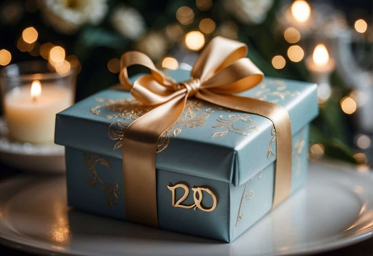 A wedding gift box with elegant wrapping and a card with "120" written on it