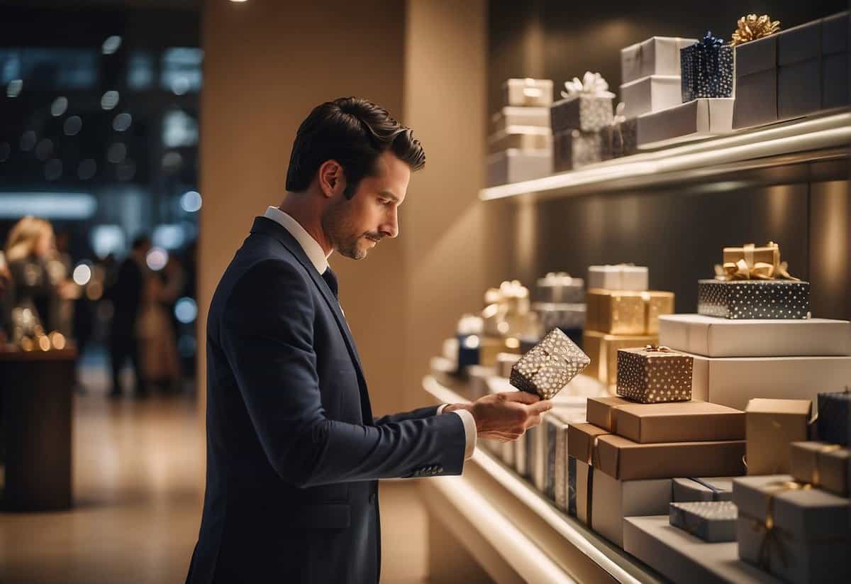 A person carefully choosing a gift from a display of elegant wedding presents