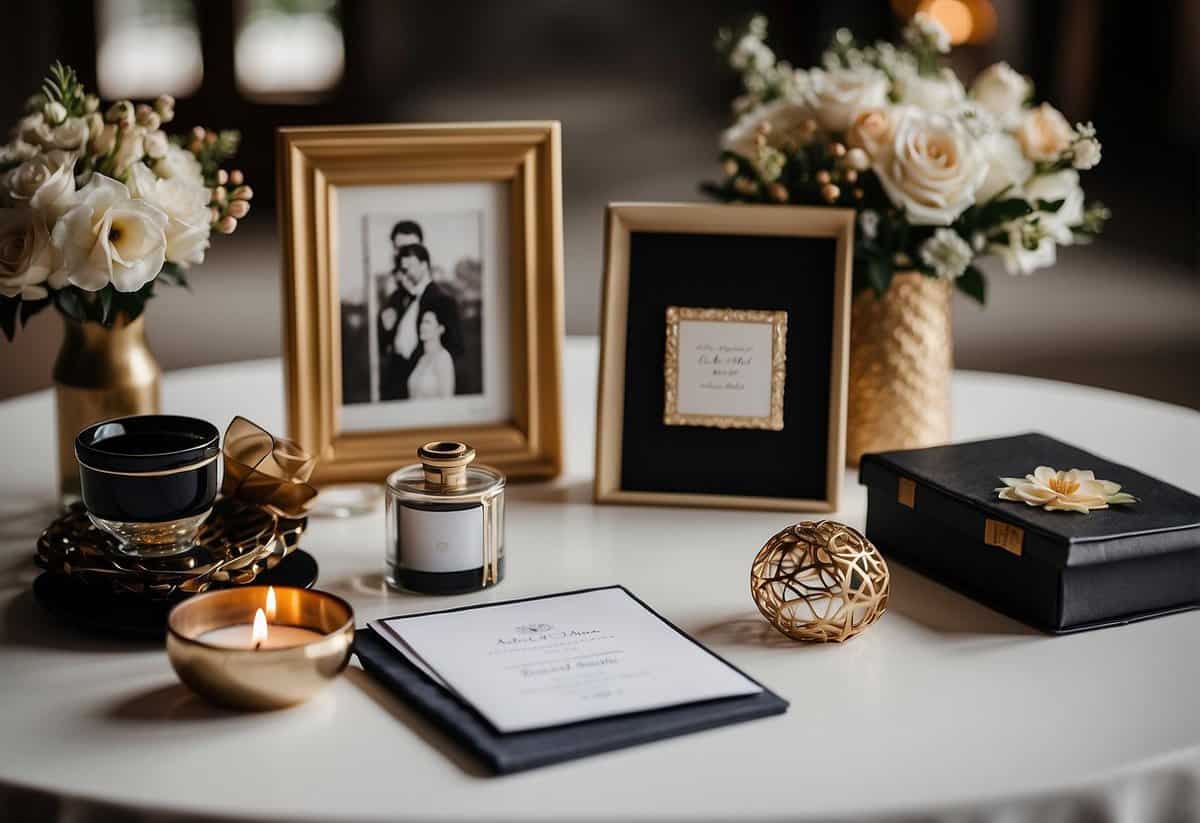 A table with various alternative wedding gifts displayed, including a personalized photo album, a custom-made piece of art, and a gift certificate for a unique experience