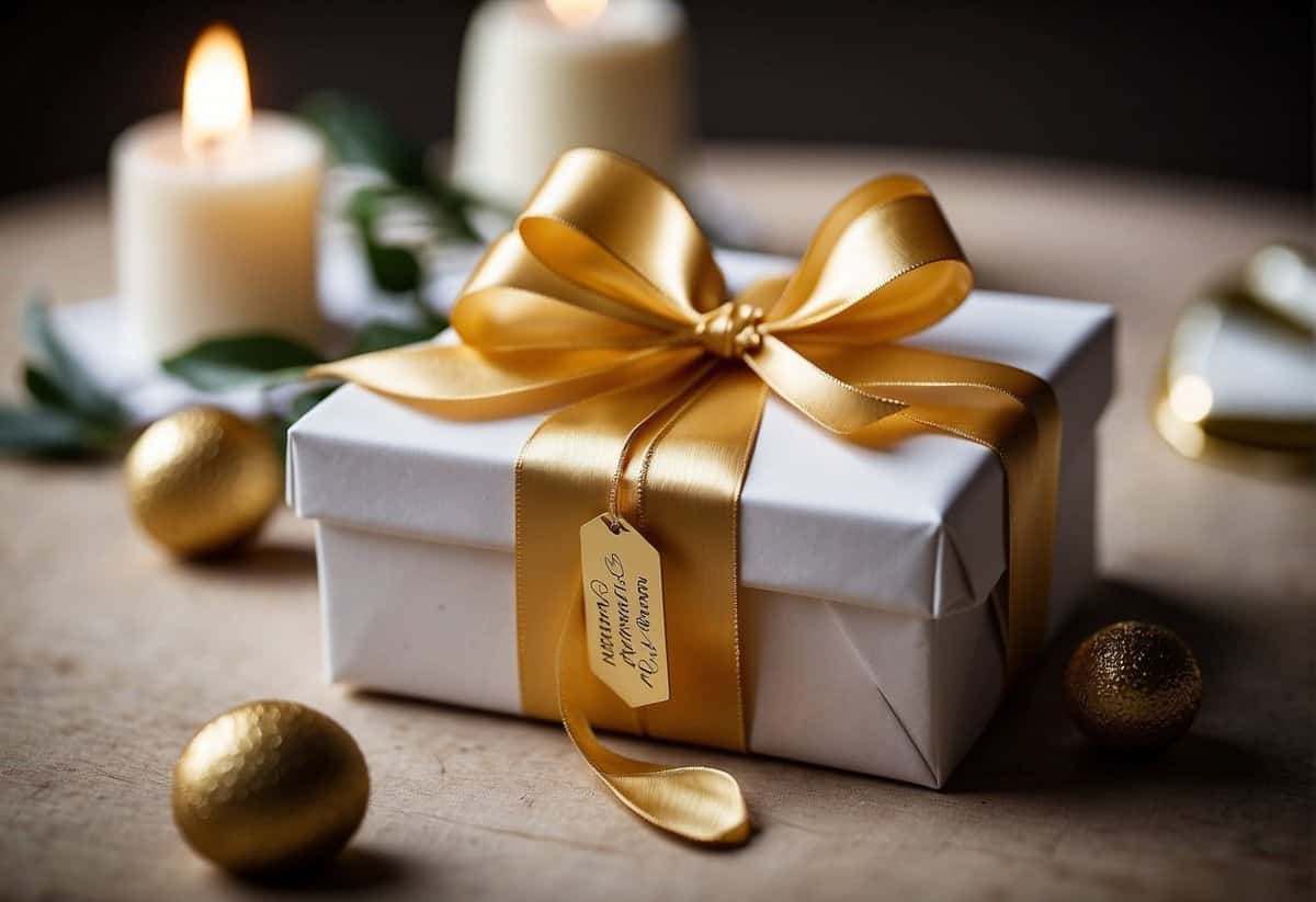 A beautifully wrapped gift box sits alone on a table, adorned with a delicate ribbon and a tag that reads "To the happy couple."