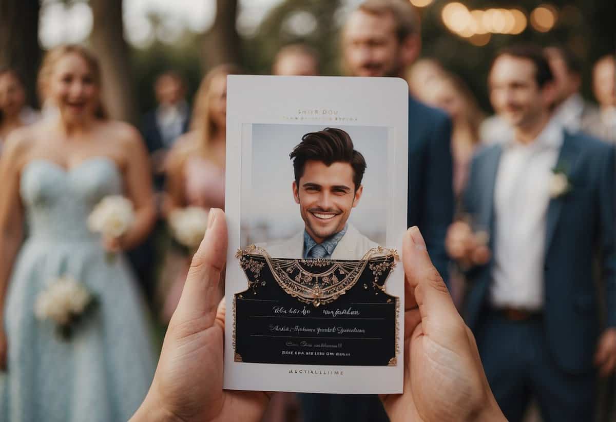 A wedding invitation surrounded by happy faces, with one person looking left out