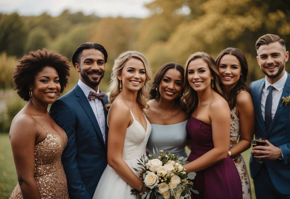 A diverse group of people happily gathered at a wedding, including individuals of different races, ages, and abilities