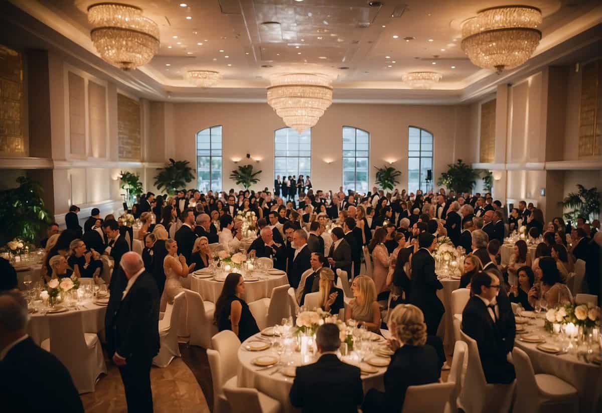 A large wedding reception with one side of the room filled with guests and the other side noticeably less populated