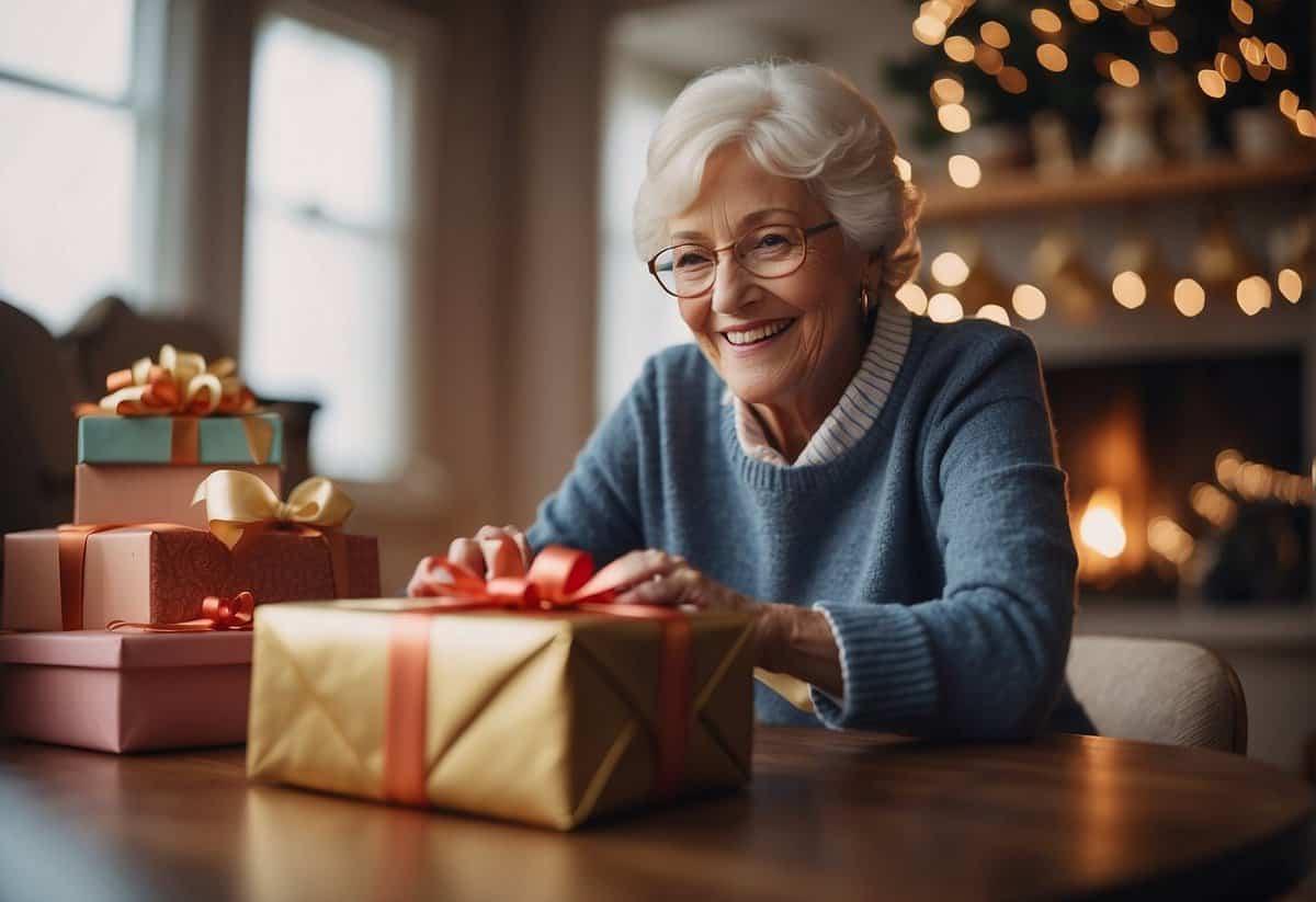 A pile of gifts sits on a table, including toys, books, and a piggy bank. A grandparent smiles while handing a wrapped present to a child