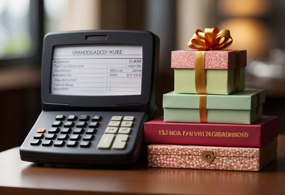 A stack of gift boxes labeled with amounts, a calculator, and a list of grandchildren's names on a desk
